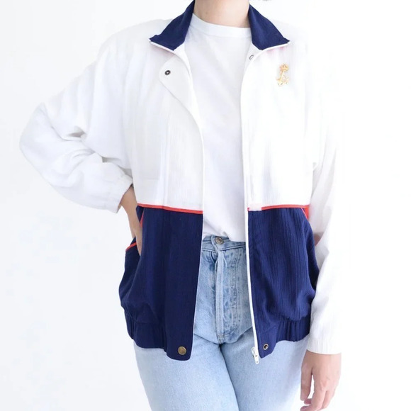 Vintage TanJay Petite  Naval Nautical Style White & Navy Windbreaker Jacket XS - Picture 1 of 14